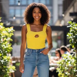 AKNVAS Fezco Rib Knit Tank Yellow Square Neck Bra Detail Size Small NWT